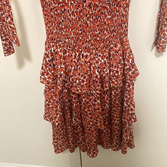 Maje Paris Rafia Print Mini Dress with Smocked Waist. Orange/Blue. Size Medium. - Picture 5 of 9